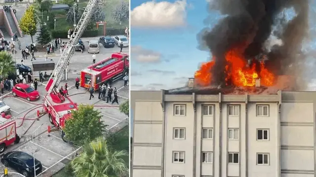 Ordu’da 7 katlı binanın çatısı alev alev yandı