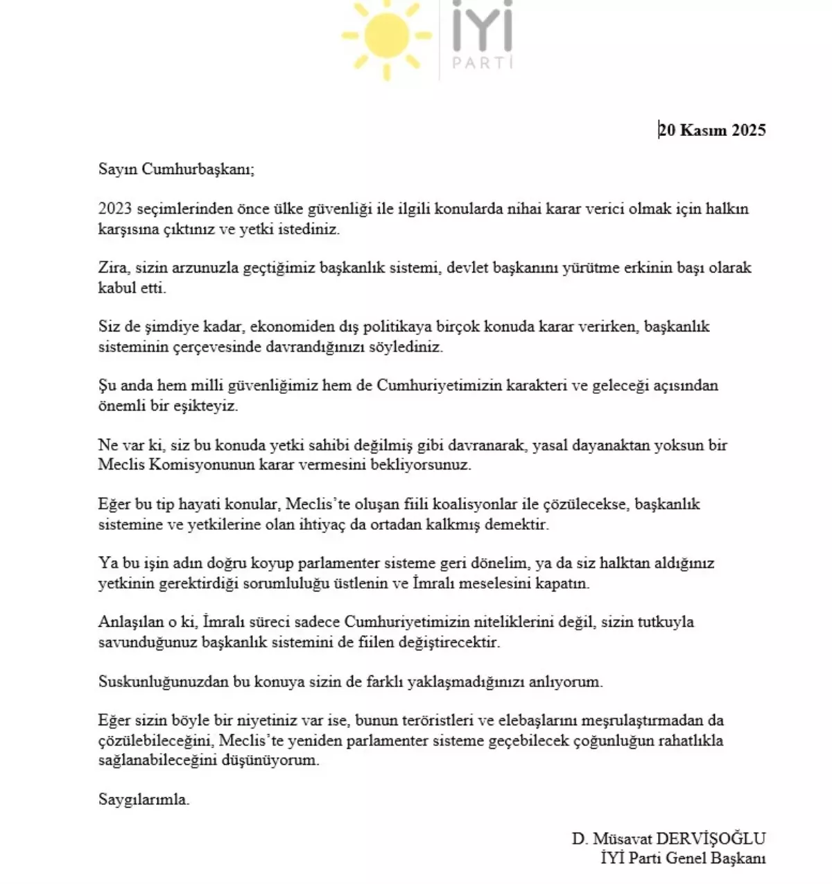 Dervişoğlu’ndan Cumhurbaşkanı Erdoğan’a ‘İmralı’ mektubu